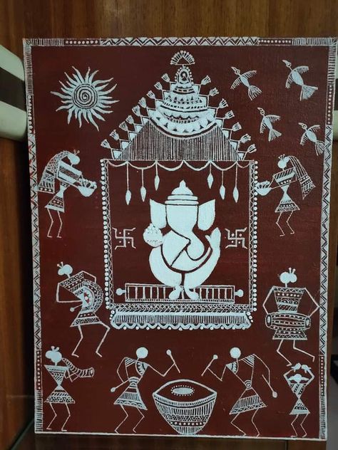 Warli Painting Ganpati Decoration, Ganpati Madhubani Painting, Varli Art Painting, Varali Art, Varli Painting Art, Warli Art Designs, Warli Paintings, Worli Painting, Warli Painting