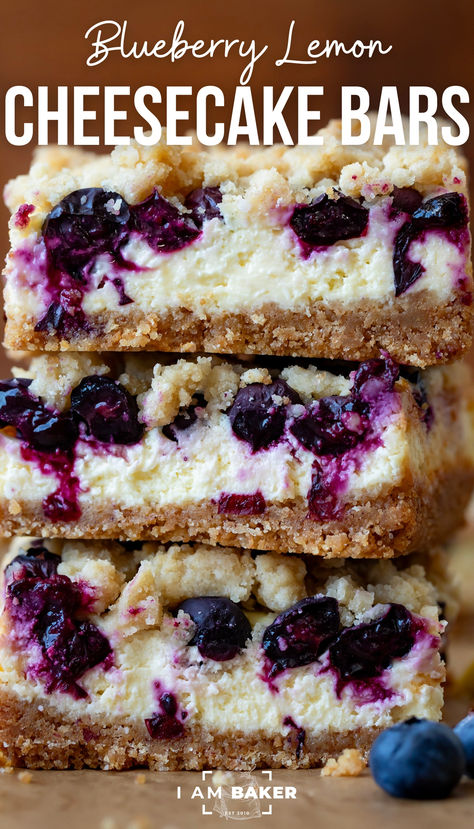 three bars are in a stack on a light colored countertop Sourdough Sweets, Lemon Cheesecake Filling, Graham Cracker Dessert, Fresh Blueberry Recipes, Blueberry Desserts Recipes, Cheesecake Bar, Blueberry Cheesecake Bars, Blueberry Cheesecake Recipe, No Bake Blueberry Cheesecake