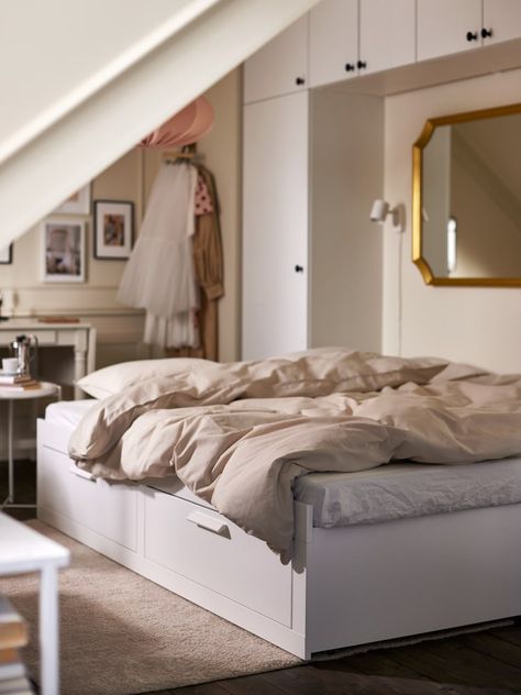 A small apartment's bedroom can still be stylish - IKEA Small Double Bed Ikea, Ikea Double Bed With Storage, Overbed Storage Ikea, Ilea Storage Bed, Beds With Storage Ikea Single, Brimnes Ikea, Hemnes Day Bed, Raskog Ikea, Brimnes Bed