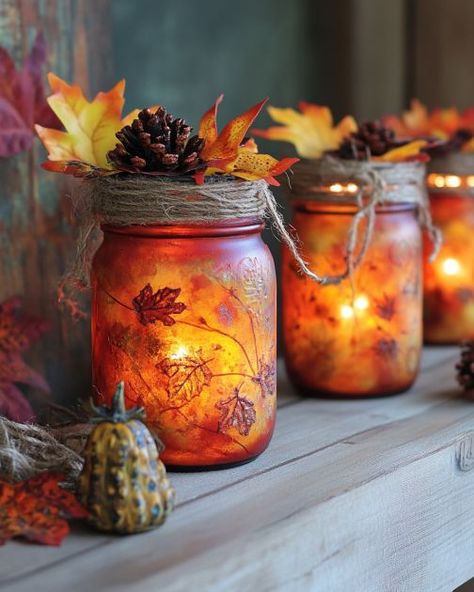 Woman saves some old pickle jars, creates best fall decorating idea Thanksgiving Jars Ideas, Pumpkin Jars Painted, Fall Decor With Mason Jars, Autumn Jars Crafts, Fall Mason Jar Crafts Diy, Decorating Mason Jars Ideas, Fall Jar Crafts, Christmas Crafts With Jars, Mason Jar Crafts For Kids