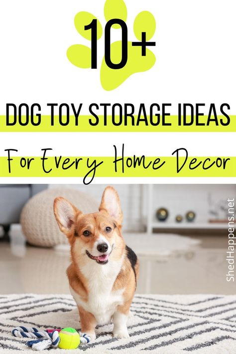 Corgi dog standing on a white rug with black geometric lines, a tennis ball on a rope toy on the ground in front of it. Text states: 10+ dog toy storage ideas for every home decor. Toy Bin Ideas, Toy Basket Ideas, Dog Toy Storage Ideas, Modern Dog Toys, Bin Organization, Dog Toy Bin, Homemade Dog Toys, Clean And Organized Home, Basket Wood