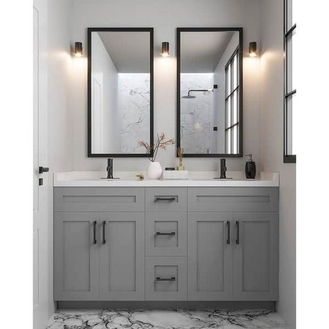 Grey Bathroom Cabinets, 60" Vanity, Grey Bathroom Vanity, Double Vanity Bathroom, Boys Bathroom, Double Bathroom, Bathroom Inspiration Decor, Double Bathroom Vanity, Bathroom Inspo