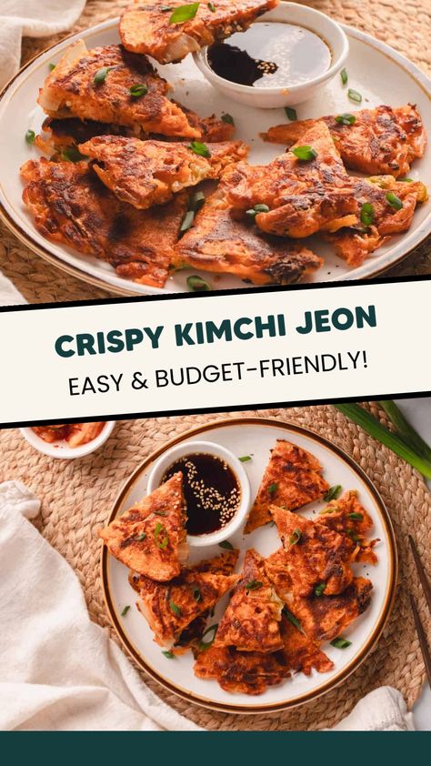 Crispy kimchi jeon served on a plate with dipping sauce, garnished with green onions, labeled as easy and budget-friendly. Kimchi Dinner Ideas, Korean Jeon Recipe, Kimchi Jeon Recipe, Korean Jeon, Kimchi Jeon, Jeon Recipe, Kimchi Pancake Recipe, Kimchi Pancakes, Easy Kimchi