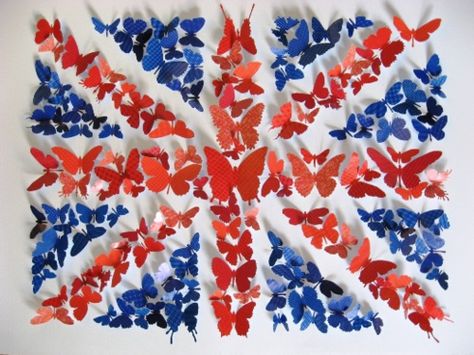 Butterflies and British flag!!!! I.WANT.NOW.        oh my goodness, this is so lovely :) British Values Display, Union Jack Decor, British Values, British Decor, Paint Chip Art, Union Jack Flag, Paper Butterfly, British Flag, Butterfly Art