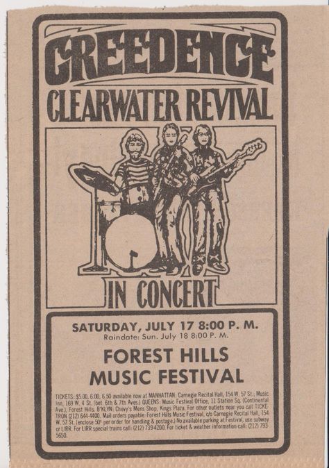 Creedence Clearwater Revival at Forest Hills Music Festival 1971 Concert Promotion, Concert Flyers, Forest Hills New York, John Fogerty, Stop The Rain, Vintage Concert Posters, Vintage Music Posters, Classic Music, Creedence Clearwater Revival