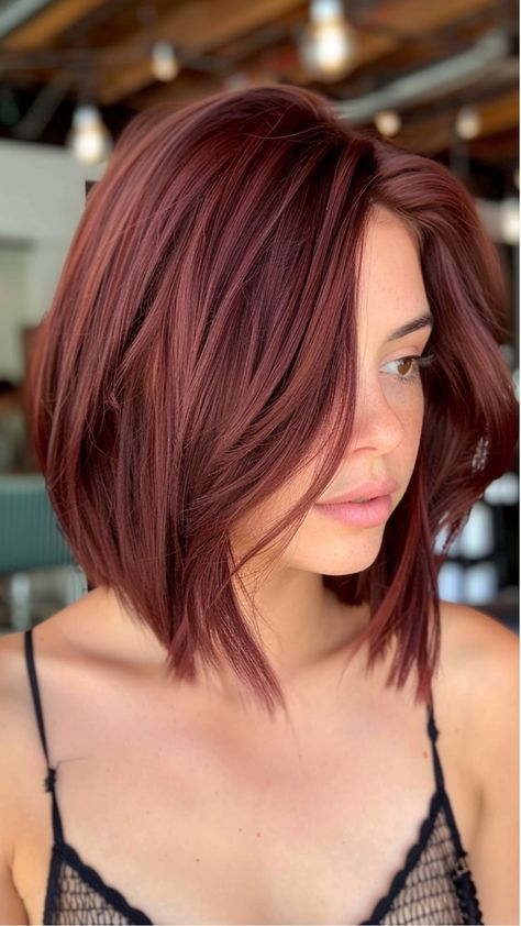 Woman with a reddish-brown bob hairstyle looking to the side. From Brunette To Red Hair, From Brunette To Red, Brunette To Red Hair, Brunette To Red, Chocolate Cherry Hair Color, Red Brunette Hair, Chocolate Cherry Hair, Hair Color Combinations, Cherry Cola Hair Color