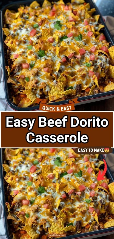 This Dorito casserole is filled with beef and cheesy, flavorful layers and comes together quickly with all of your favorite taco fixings. Dorito Casserole With Ground Beef, Quick Beef Casserole Recipes, Taco Hotdish With Doritos, Mexican Casserole With Hamburger Meat, Taco Casserole Bake With Doritos, Quick And Easy Dinner Recipes For Family Beef Taco Casserole, Dorito Mexican Casserole Ground Beef, Healthy Meals Made With Ground Beef, Taco Dorito Casserole Ground Beef