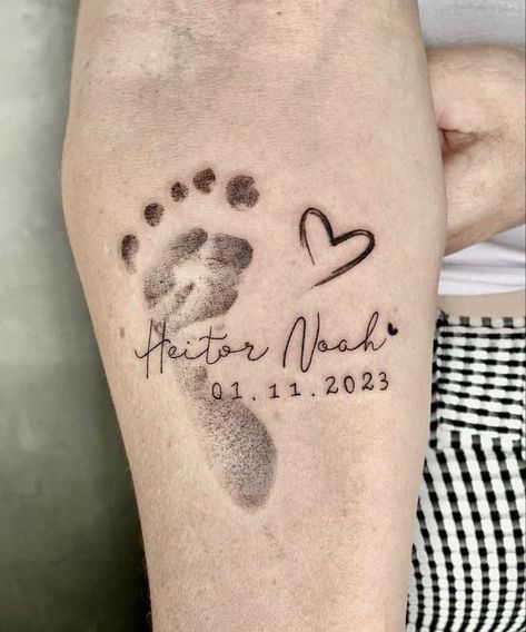 Tattoo Ideas Dedicated To Kids, Tattoo Idea For Kids Names, Noah Tattoo Ideas, Tattoos For Angel Babies, Baby Footprint Tattoo Ideas For Mom, Baby Foot Print Tattoo, Lost Baby Tattoo, Noah Tattoo, Foot Print Tattoo