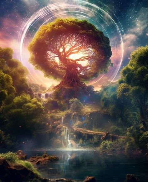 Great Tree Fantasy Art, Tree Grove Landscape, Magical Tree Concept Art, Giant Tree Art, Magical Tree Art, World Tree Fantasy Art, Tree Fantasy Art, Sakura Bonsai, Mural Garden