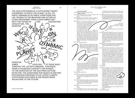 Illustrations from Mousse Magazine 48 "W... James Lovelock, Hans Ulrich Obrist, Editorial Design Layout, Zine Design, Data Design, 타이포그래피 포스터 디자인, Newspaper Design, Text Layout, Publication Design