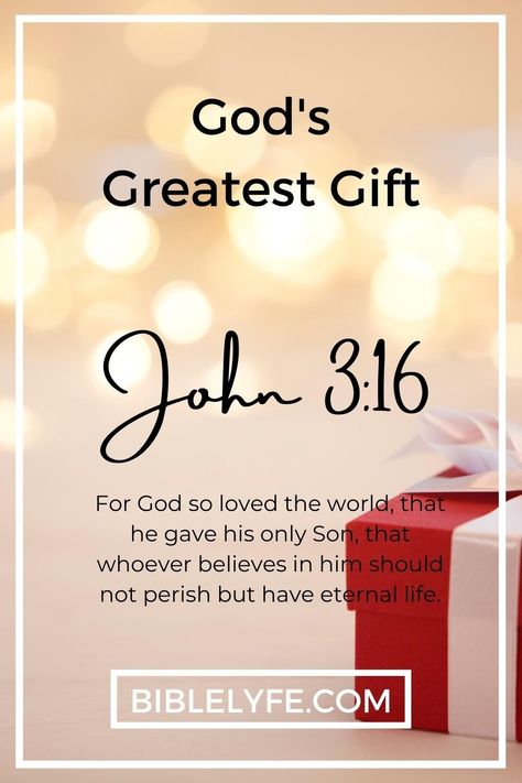 Skip to Content Open Menu God’s Greatest Gift: A Devotional on John 3:16 "For God so loved the world, that he gave his only Son, that whoever believes in him should not perish but have eternal life."  John 3:16 What is the Meaning of John 3:16? Some consider John 3:16 the greatest verse in the Bible, a summary of the gospel of salvation available through faith in Jesus. God loved the world enough to send his son, Jesus, to die on the cross for the forgiveness of our sins. This verse teaches us that whoever believes in Jesus will be saved from the consequences of sin and receive the gift of eternal life. It is often cited as a key message of hope and salvation for the Christian faith. God’s Greatest Gift The love of God is a wonderful thing, especially when it is set upon a world in ru John 3 16 Verse Quotes, John 3 16 Verse, Alter Decorations, God So Loved The World, World Quotes, John 3 16, John 3:16, Everlasting Life, For God So Loved The World