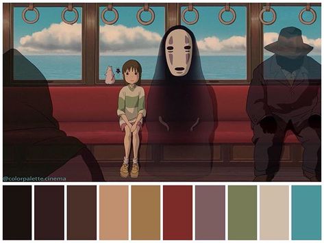 Color Palette Cinema en Instagram: “: "Spirited Away" (🇯🇵2001). •Directed by Hayao Miyazaki •Color Design: Michiyo Yasuda” Color In Film, Movie Color Palette, Color Palette Living Room, Cinema Colours, Color Mixing Chart, Ghibli Artwork, Design Palette, Color Film, Utila