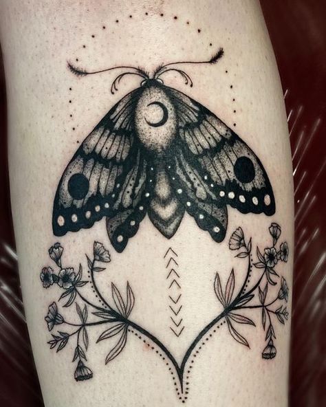 Ghost Moth Tattoo, Moth Patchwork Tattoo, Moth Tattoo Calf, Moth Fern Tattoo, Spooky Moth Tattoo, Night Moth Tattoo, Moth Lady Tattoo, Dark Moth Tattoo Design, Whimsical Moth Tattoo