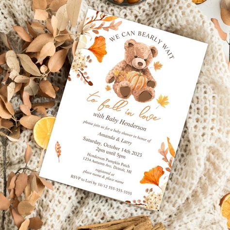 $2.04 | We Can Bearly Wait to Fall In Love Baby Shower Invitation #teddybearbabyshower #wecanbearlywait #wecanbearlywaitinvitation #fallinlove #fallbabyshower #teddybearfallbabyshower #pumpkinteddybear #pumpkinbabyshower #bearlywaitfallbabyshower #fallflorals Fall Bear Baby Shower Theme, Fall Baby Shower Themes For Boys, Fall Teddy Bear, Fall Baby Shower Themes, Baby Boy Bear, Bear Baby Shower Theme, We Can Bearly Wait, Bear Invitations, Bearly Wait