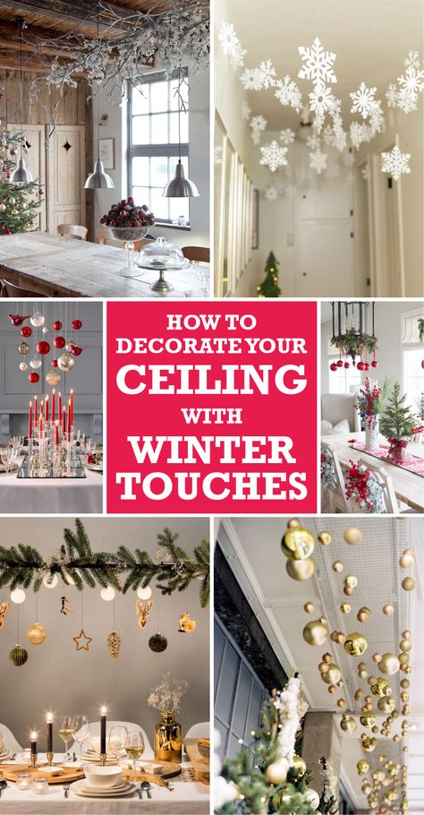 Basically, there are possible things that you can apply in decorating the ceiling. The first one is by hanging some ornaments there. Then, you can also install the chandelier or any other kind of lighting with the winter design of touch. If you want a more permanent one, you can paint the ceiling or simply apply the wallpaper in a winter theme. You may check the following references so that you can get inspiration. #ceilingdecoration #winterceilingdecoration #ceiling Ceiling Snowflake Decorations, Hanging Items From Ceiling, Decorating Ceiling Fans For Christmas, Decorating Beams For Christmas, How To Hang From Ceiling, Hang Lights From Ceiling, Christmas Decor For High Ceilings, Garland On Ceiling Beams, Diy Hanging Decor Ceilings