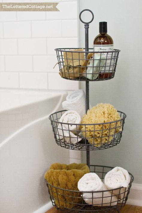 Fruit basket storage bathroom Bathtub Surround, Pretty Bathrooms, Metal Basket, Bad Inspiration, Cottage Bathroom, Small Bathroom Storage, Bathroom Spa, Bathroom Redo, Tiny Bathroom