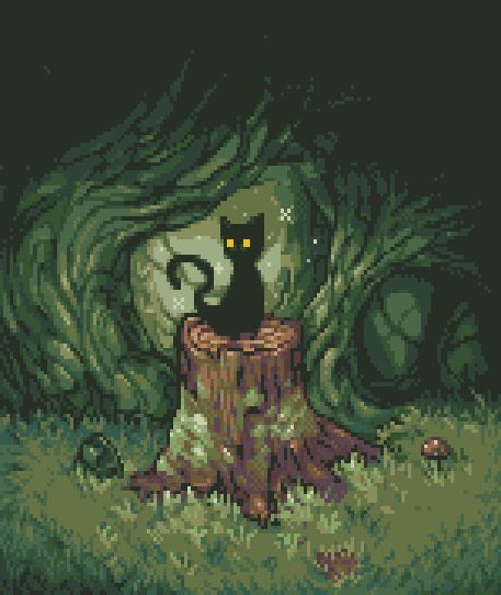 In The Forest, The Forest, A Cat, Pixel Art, Black Cat, Forest, Moon, Green, Black