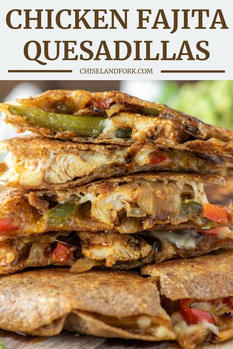 Combining two different Mexican dishes, these chicken fajita quesadillas give you the best of both recipes and can be made in less than 30 minutes. #chickenfajitaquesadillas #chickenquesadillas #quesadillas #chickenfajitas | chiselandfork.com Canned Chicken Fajitas, Canned Chicken Fajita Recipes, Quasidilla Recipes, Fajita Quesadilla Recipe, Quesadilla Ideas, Dance Snacks, Chicken Fajita Quesadilla, Chicken Fajita Quesadillas, Quesadilla Chicken