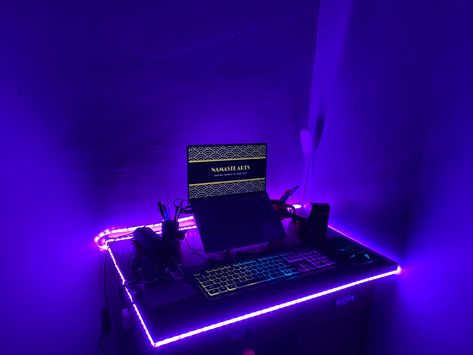 Desk setup; led light Led Lights Setup, Black Desk, The Desk, Study Table, Desk Set, Led Light Strips, Desk Setup, Work Table, Dorm Room Decor