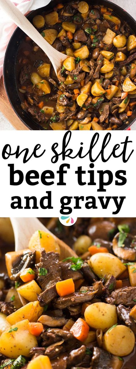 An easy One Skillet Beef Tips and Gravy recipe, completely made on the stovetop. Quick and easy to put together, this family dinner is on the table in just 45 minutes - most of it is hands-off! The dish is filled with tender beef tips as well as potatoes and vegetables (yay for mushrooms!) for a healthy all-in-one meal option. The rich gravy forms itself right in the pan - the absolute easy weeknight win! Beef Stew Meat Recipes Stovetop, Beef Stew Meat Recipes Stovetop Quick, Stew Meat Recipes Quick, Skillet Beef Stew, Meals With Beef, Easy Beef Tips, Beef Tips And Gravy Recipe, Tender Beef Tips, Df Meals