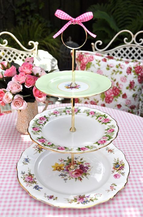 Pale Green and Floral pattern mixed china vintage three tier cake stand for an elegant afternoon tea. cakestandheaven.com Pink Roses Cake, Tea Cake Stand, Pink Rose Cake, Three Tier Cake Stand, Roses Cake, Three Tier Cake, Fruit Plates, Floral China, Snack Plates