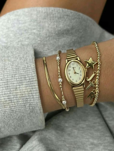 not mine Gold Jewelry Stack Aesthetic, Bracelet Stack Ideas With Watch, Stacks Of Jewelry, Classy Bracelet Stack, Mixed Metal Bracelet Stack, Mixing Gold And Silver Jewelry, Jewelry Mixed Metals, Jewelry Stack, Jewellery Aesthetic