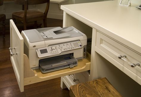 Keep your printer in the drawer with the side cut out. Easy access when need it and free up counter space Printer Storage, Computer Desk Design, Diy Computer Desk, Printers Drawer, Kitchen Desks, Modern Computer Desk, Office Nook, Desk Areas, Craft Room Office