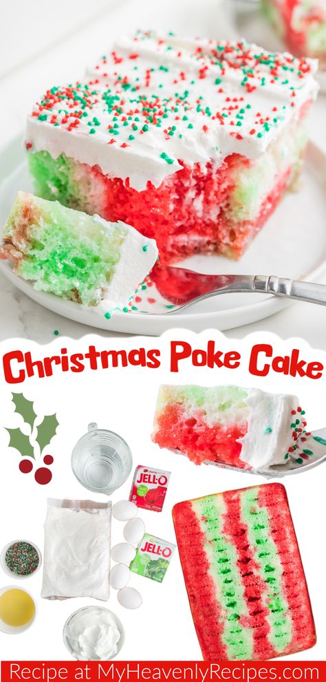 christmas poke cake Christmas Jello Poke Cake Recipe, Christmas Jello Cake Recipe, Xmas Poke Cake, Poke And Pour Jello Cake, Christmas Jello Poke Cake, Christmas Cake Bundt, Grinch Poke Cake, Christmas Jello Cake, Easy Christmas Baking Recipes For Kids