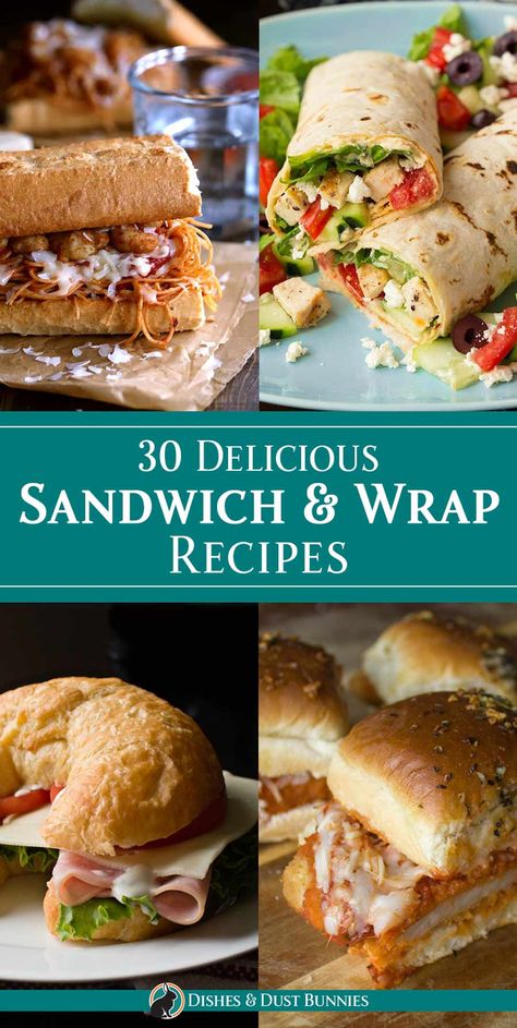 You don't have to settle for the same ol' boring lunch! This week, change things up a bit with one of the delicious sandwiches and wraps in todays roundup - they're sure to please just about everyone! Which one will you make for your next lunch? - 30 Delicious Sandwich & Wrap Recipes via @mvdustbunnies Sandwiches And Wraps, Chicken Parmesan Sliders, Turkey Sandwiches Recipes, Jalapeno Popper Grilled Cheese, Sandwich Wraps Recipes, Hummus Wrap, Sandwich Wrap, Classic Grilled Cheese, French Dip Sandwich