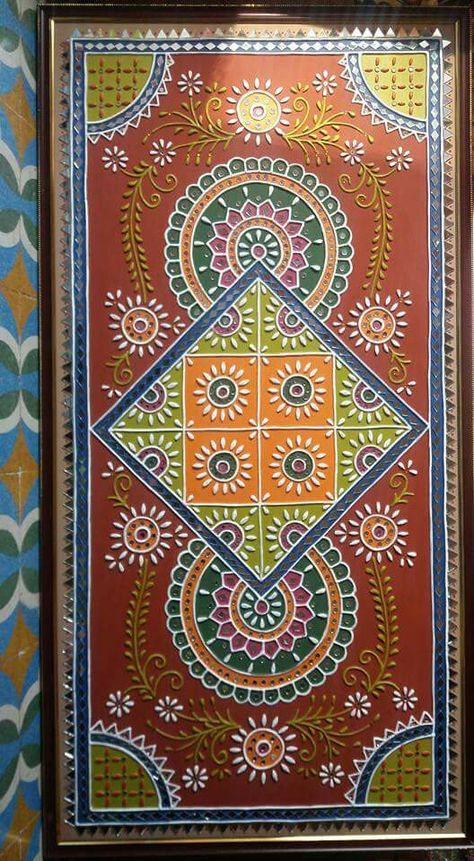 mud work #gujarati traditional Bhuj Kutch, Mud Art, Painted Mirror Art, 3d Relief Art, Mural Art Design, Clay Wall Art, Mirror Artwork, Madhubani Art, Indian Folk Art