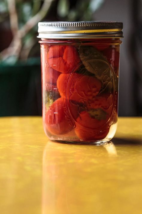 Cherry Pepper Canning Recipe, Pickled Hot Cherry Peppers Recipe, Pickled Cherry Peppers Recipe, Homemade Groceries, Pickled Cherry Peppers, Canning Shelves, Cherry Pepper Recipes, Cherry Bomb Pepper, Pickled Mushrooms