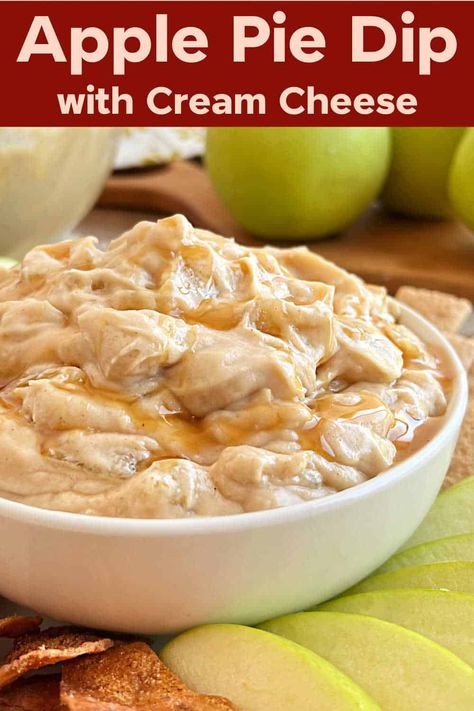 This easy apple pie dip with cream cheese and apple pie filling is a delicious dessert dip recipe perfect for fall parties, potlucks or a sweet treat anytime. via @meamel Apple Pie Cheesecake Dip, Apple Pie Dip Cream Cheese, Keto Apple Dip, Apple Dip With Cream Cheese And Skor, Apple Pie Dip Recipe, Apple Dip With Cream Cheese, Apple Pie Dip, Apple Dip Recipe, Dip With Cream Cheese