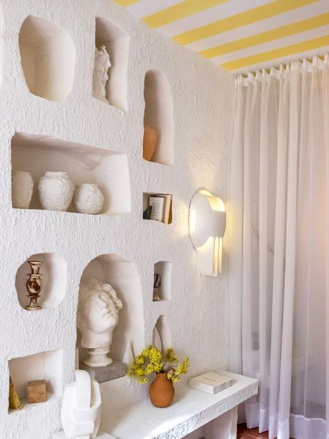 white recessed wall shelves Recessed Wall Shelves, Recessed Wall Niche, Ceramic Wall Lights, Mediterranean Architecture, Wall Niche, Recessed Wall, 아파트 인테리어, Built In Bookcase, Pierre Frey