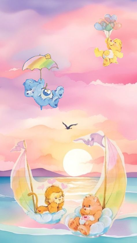 #cute #daydreaming #happy #carebears #80s #80saesthetic #cartoon #ocean #sea #sunset #carebearcousins #fun #vintage #retro #retroaesthetic #retrovibes Care Bears Aesthetic, Bears Aesthetic, 80s Wallpaper, Cartoon Ocean, Summer Animals, Care Bears Vintage, Care Bear Party, Nostalgia Art, Care Bears Cousins