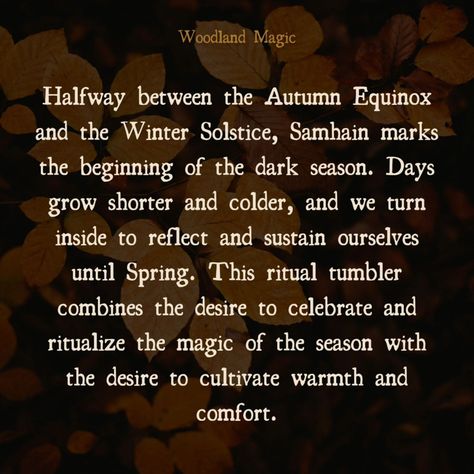 𝖘𝖆𝖒𝖍𝖆𝖎𝖓🎃🕯 Scent notes & inspiration ✨️🍂 Halfway between the Autumn Equinox and Winter Solstice, Samhain marks the beginning of the dark season. Days grow shorter and colder, and we turn inside to reflect and sustain ourselves until Spring. This ritual tumbler combines the desire to celebrate and ritualize the magic of the season with the desire to cultivate warmth and comfort. The warming, sweet scents of cinnamon, spice, and apple blend with the autumnal crunch of fallen leaves, dry ceda... Winter Equinox, Samhain Ritual, Scent Notes, Notes Inspiration, Fallen Leaves, Cinnamon Spice, Winter Vibes, Sweet Scents, Winter Solstice