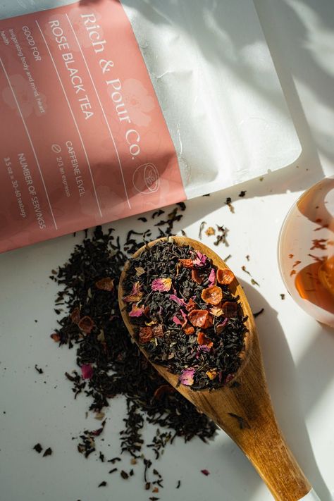 This LIMITED EDITION Black Rose Blend pairs black tea with rose, rosehip and blackberry for a floral and fruity infusion! Hurry, while supplies last! Ingredients: Black Tea, Rosehip Pieces, Rose Petals, Blackberry Leaves, Natural Flavors. Available in 3.5 oz net weight looseleaf in biodegradable rice paper packaging. Number of servings: 3.5oz = 30-60 tea bags Herbal Tea Photography, Herbal Business, Rose Blend, Blackberry Leaves, Tea Aesthetic, Black Tea Blends, Herbal Tea Blends, Tea Brands, Tea Benefits