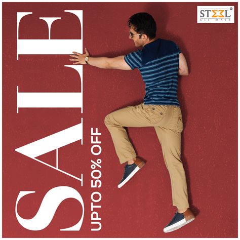 Upto 50% off! Drop by us TODAY at Steel All Male & unleash your style statement. #StyleStatement #Ahmedabad #Style #Fashin #Sale #DenimWear #SmartCasuals #FashionStatement #Menswear Upto 50% Off Sale Poster, 50 Off Sale Poster, 50 Off Sale, Denim Wear, Style Statement, Ahmedabad, Shoe Sale, Off Sale, Sale Poster