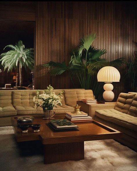 Modern Soft Interior Design, Dramatic Rooms Interior Design, 1980s Home Decor Interior Design, Art Deco Houses Interior, 80s Modern Home Decor, 70s Interior Design Retro, 70s Living Room Aesthetic, 1980s Living Room, Modern Green Living Room