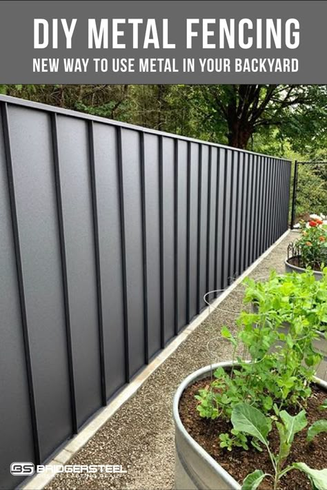 Metal panel systems have always been known for roofing and siding, but what about fencing? Using metal as fencing has become a popular choice because of its durability and low maintenance.  With many different options you are sure to find a fun and unique way to update your backyard. Metal Roof Fence Ideas, Cheap Modern Fence Ideas, Modern Black Fence Ideas, Metal Fencing Panels, Maintenance Free Fence, Diy Metal Fence Ideas, Black Sheet Metal Fence, Low Maintenance Privacy Fence, Simple Diy Fence