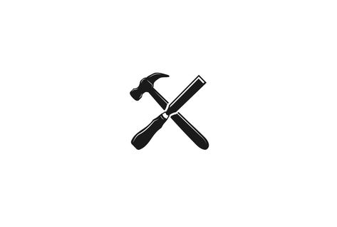 Hammer And Chisel Tattoo, Woodworking Logo Design, Carpenter Logo, Hammer Logo, Hammer And Chisel, Rustic Cross, Woodworking Logo, Crazy Horse, Design Vector