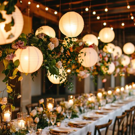 Elevate Your Spring Wedding with These Three Enchanting Ways to Combine Simple Paper Lanterns and Florals! – Sarah Romanowski Wedding Design Lantern Themed Wedding, Paper Lantern Backyard, Indoor Paper Lantern Decor Ideas, Floral Paper Lanterns, Paper Lanterns Wedding Decor, Wedding Lantern Decor, Paper Lanterns Decor, Hanging Lanterns Wedding, Spring Wedding Tablescapes