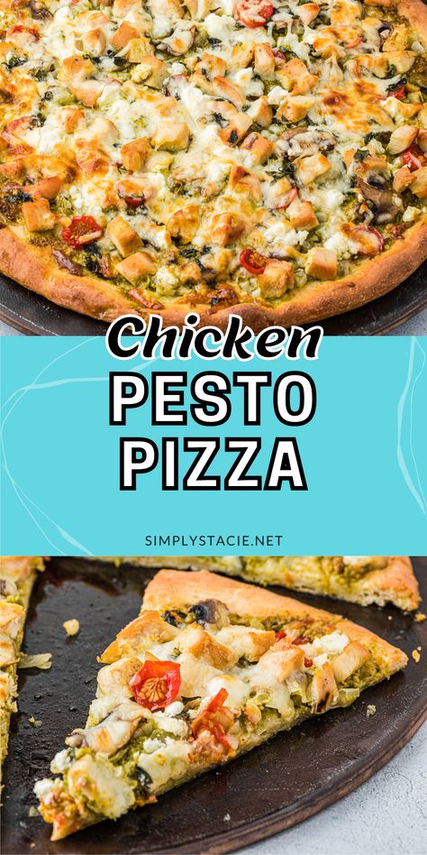 Two image collage of chicken pesto pizza. The first image is a pizza on the pizza pan. The second image is a slice of pizza on a plate. Chicken Spinach Pizza Recipes, Pesto Chicken Pizza Recipe, Basil Pesto Pizza, Chicken Spinach Mushroom, Pizza With Pesto, Calzone Recipes, Chicken Pesto Pizza, Mushroom Pizza Recipes, Pesto Pizza Recipe