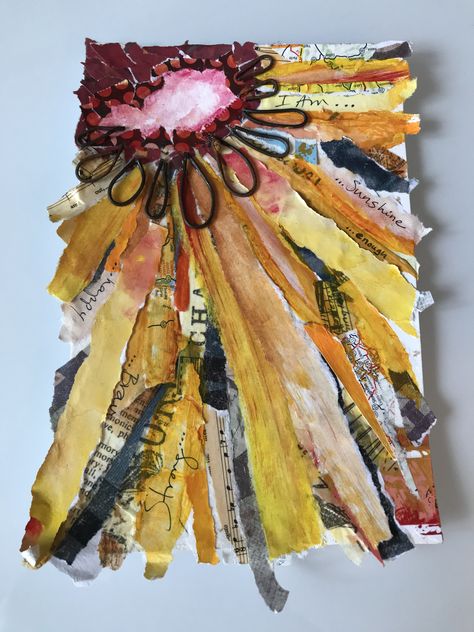 Mixed Media With Fabric, Leaves Collage Art, Sunflower Mixed Media, Textured Collage Art, Art Inspiration Collage, Recycled Collage Art, Mixed Media Paper Art, Mixed Media Nature Art, Multi Media Art Ideas Collage