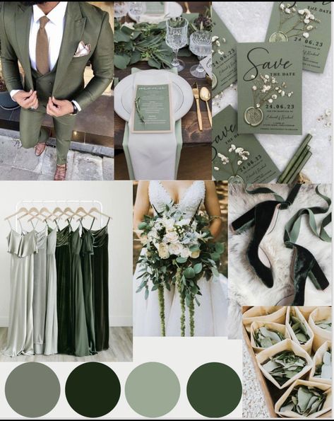 Sage Green Boho Wedding Theme, Dark Olive Wedding Colors, Wedding Theme Nature, Earthy Theme Wedding, Green And White Wedding Color Palette, Wedding Green Gold White, December Wedding Green, Green Tone Wedding, Forest Green And Brown Wedding