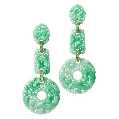 Thomas Jirgens. JADE GARDEN earrings - Chinese jade, green garnets, yellow gold. Thomas Jirgens, Jadeite Jewelry, Jade Jewellery, Chinese Jewelry, Jade Earrings, Jade Jewelry, I Love Jewelry, Jade Green, Fine Jewellery Earrings