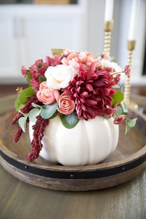 White Pumpkin Centerpieces, Pumpkin Floral Arrangements, Pumpkin Vase, Pumpkin Arrangements, Fall Flower Arrangements, Fall Floral Arrangements, Pumpkin Flower, Flower Vase Arrangements, Fall Wedding Centerpieces