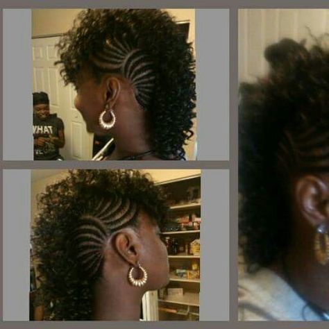 Mohawk Side Mohawk Braid, Braided Curly Mohawk, Mohawk With Braids Black Women, Side Cornrows With Twists, Mohawk Hairstyles For Black Women Braids, Braid Mohawk For Black Women, Mohawk Crochet Hairstyles, Braided Mohawk Hairstyles For Black Hair, Mohawk Cornrow Hairstyles