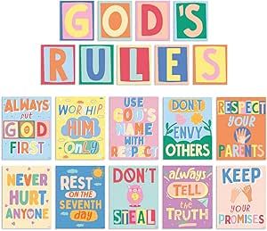 S&O God's Rules 10 Commandments for Kids Poster & Card Set - Bright & Colorful Ten Commandments Wall Decor - Sunday School Decorations for Classroom - 10 Commandments Wall Art - 10 Commandments Poster Christian Elementary Classroom, Bible Classroom Decor Ideas, Small Daycare Room Ideas, Sunday School Rules, Sunday School Posters, Sunday School Room Ideas, 10 Commandments For Kids, Preschool Playroom, Christian Classroom Decor