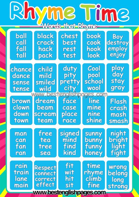 Rhyming words list free poster Rhyme Words Kindergarten, Words That Rhyme List, Words That Rhyme, Rhyming Words Preschool, Rhyming Words Preschool Free Printable, Rhyme Words Worksheet, Rhyming Words For Kindergarten, Rhyme Words, Rhyming Words List