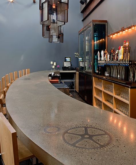 Artisan: Custom Concrete Design, Location: When Pigs Fly, Kittery, Maine Junk Furniture, Concrete Bar Top, Countertop Concrete, Concrete Bar, Outdoor Kitchen Countertops, Bar Tops, Concrete Counter, Decorative Concrete, Granite Countertops Kitchen